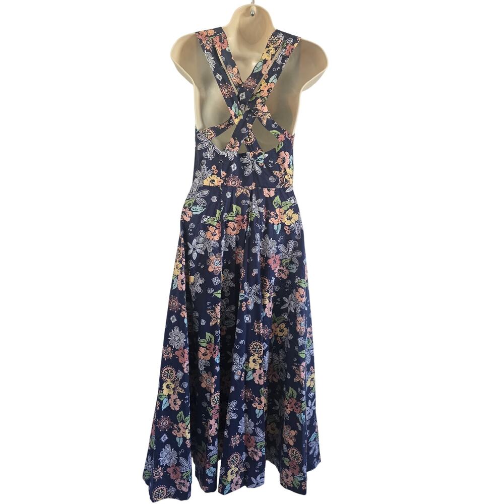Vintage Laura Ashley Navy Floral Midi Dress-US 6 Open Cross Back Cottage Classic - Picture 4 of 11
